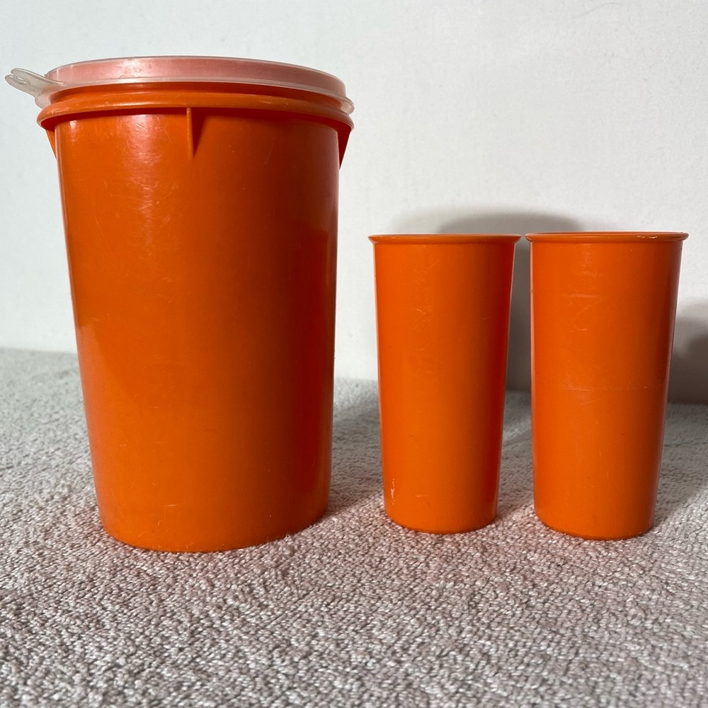 Vintage Tupperware Orange Handolier Plastic Storage Canister W Lid & 2 Cups Set - Picture 2 of 11